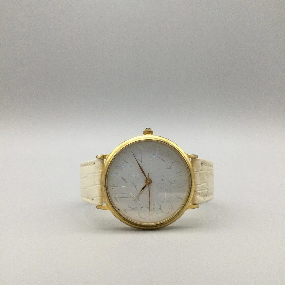 Moulin Womens Watch 32mm Gold Tone Case White Leather Strap New Battery